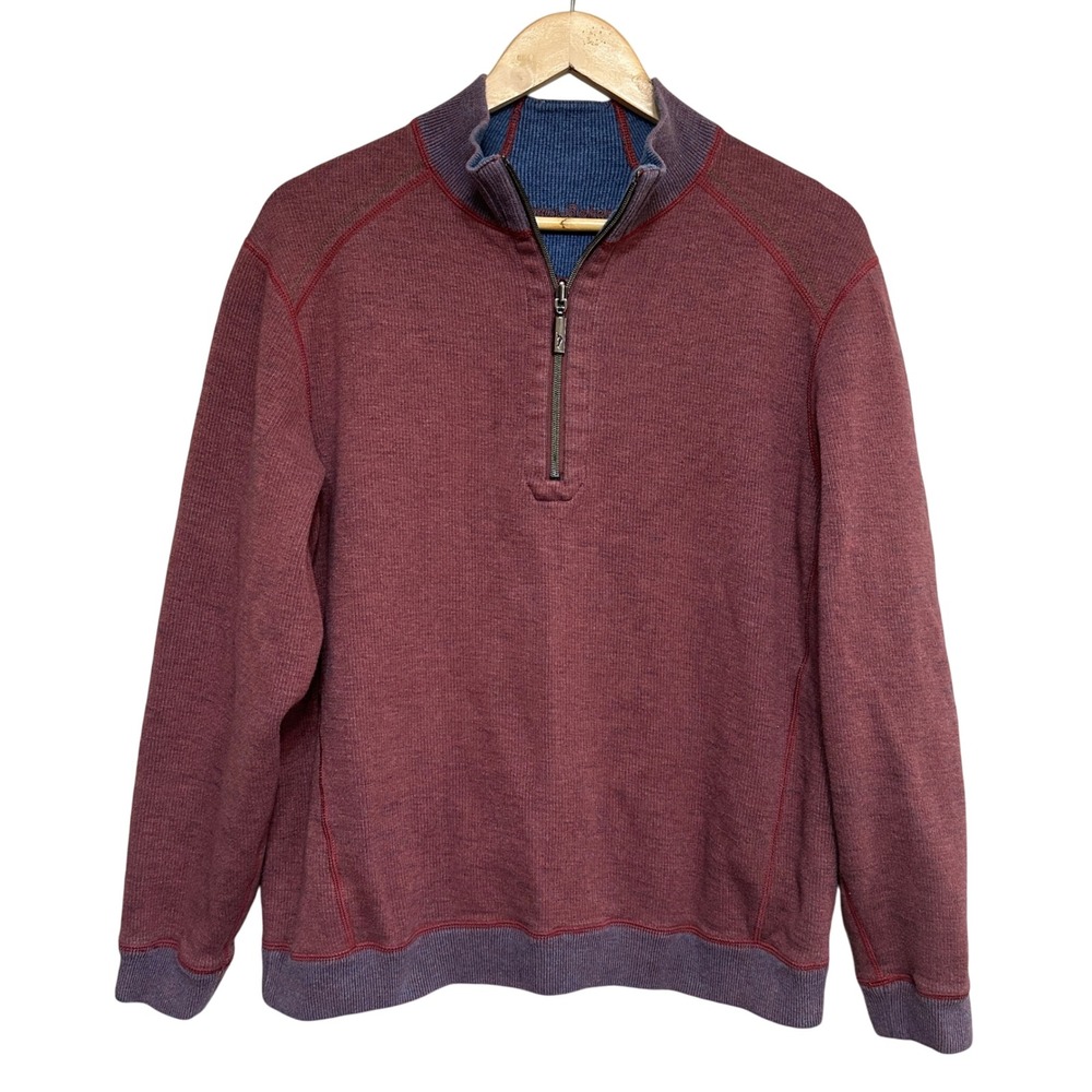 Tommy Bahama Mens Reversible‎ Half Zip Pullover Sweater Maroon Blue Size Large